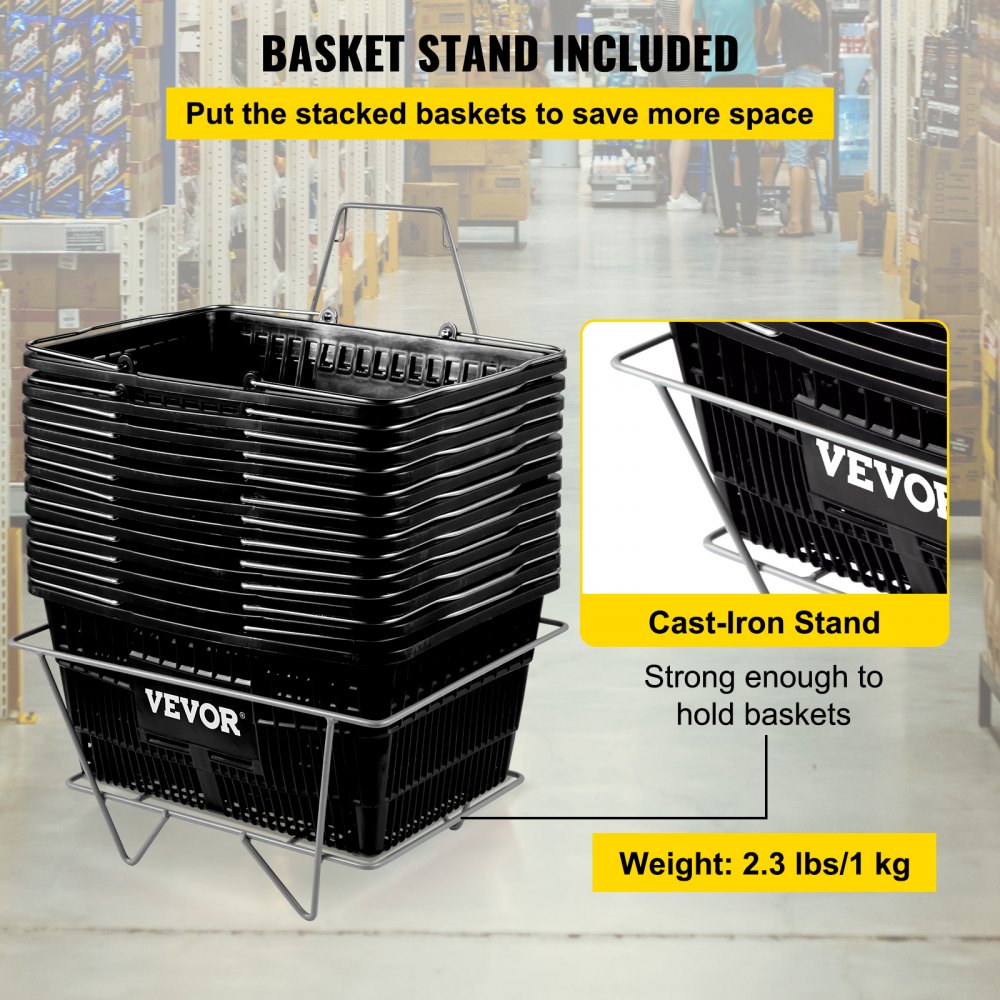 Shopping Basket, Set of 12 Black, Durable PE Material with Handle and Stand, Basket Dimension 16.9"L x 11.8"W x 8.07"H and Used for Supermarket, Retail, Grocery- Holds 21 L of Merchandise
