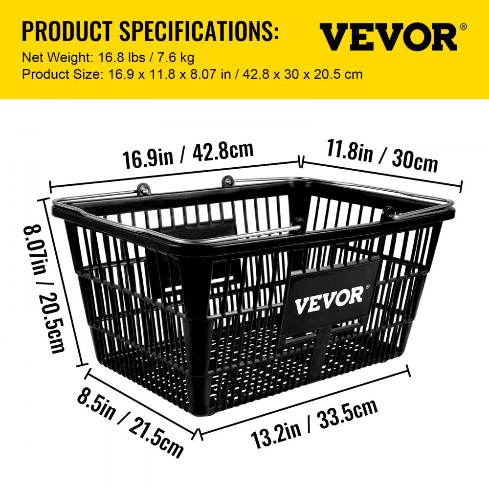 Shopping Basket, Set of 12 Black, Durable PE Material with Handle and Stand, Basket Dimension 16.9"L x 11.8"W x 8.07"H and Used for Supermarket, Retail, Grocery- Holds 21 L of Merchandise