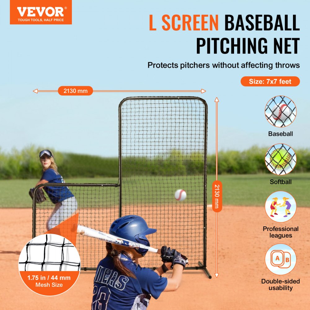 L Screen Baseball for Batting Cage, 7x7 ft Baseball Softball Safety Screen, Body Protector Portable Batting Screen with Carry Bag & Ground Stakes, Heavy Duty Pitching Net for Pitchers Protection