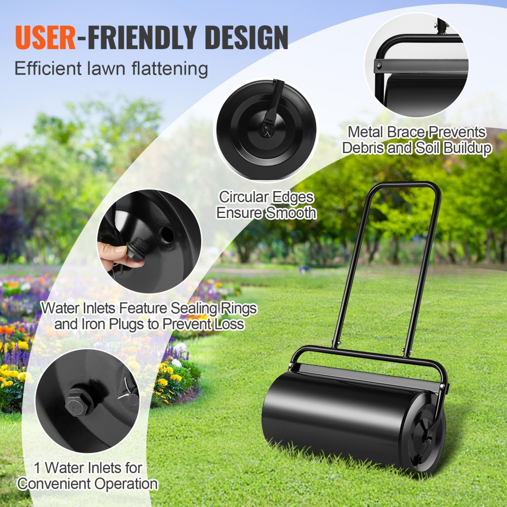 A black steel lawn roller with a U-shaped handle is shown on a green lawn with feature callouts.