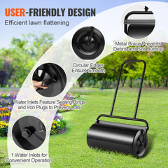 A black steel lawn roller with a U-shaped handle is shown on a green lawn with feature callouts.