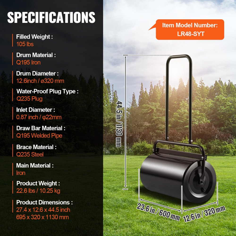 A black steel lawn roller with a U-shaped handle and product specifications.