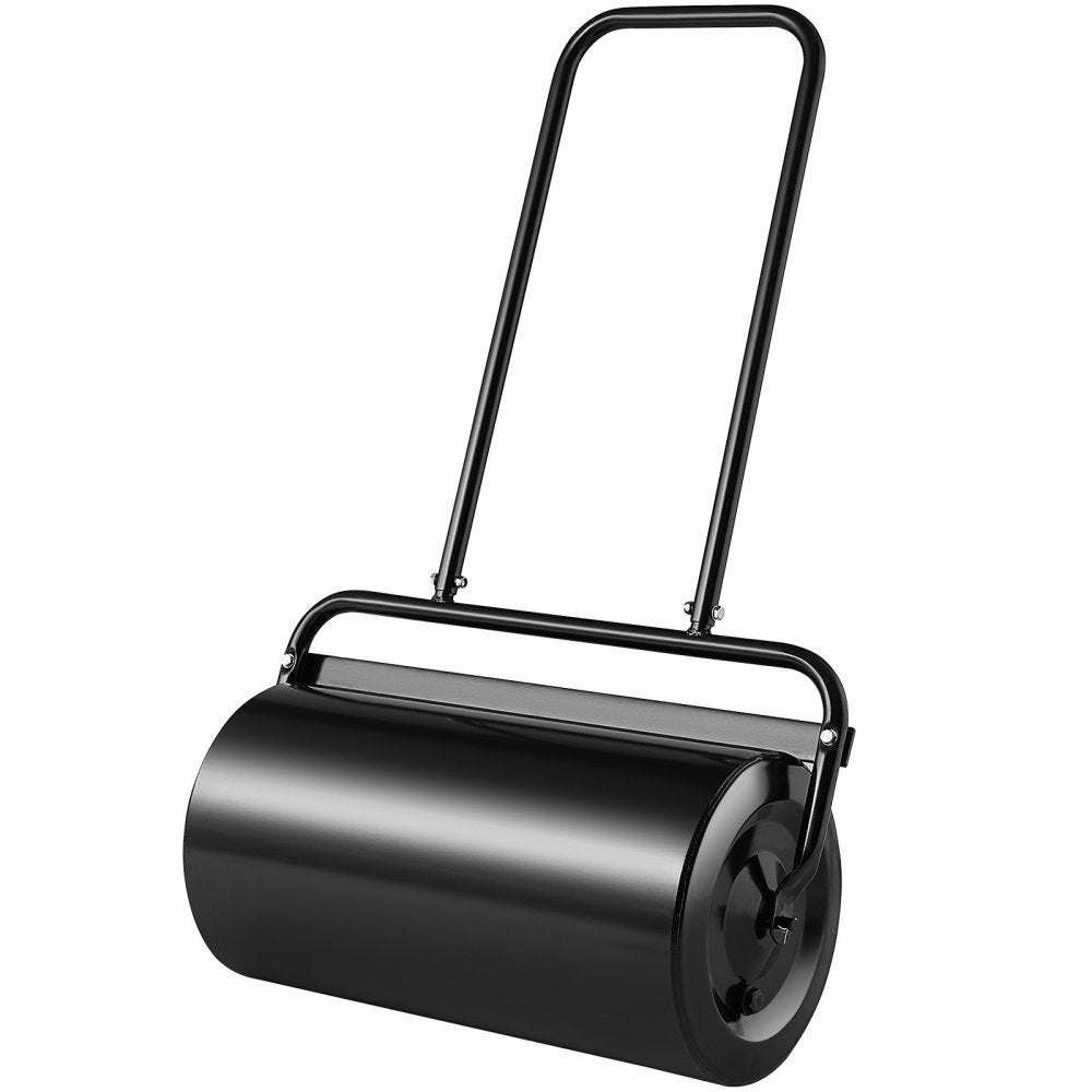 A black steel lawn roller with a U-shaped handle.