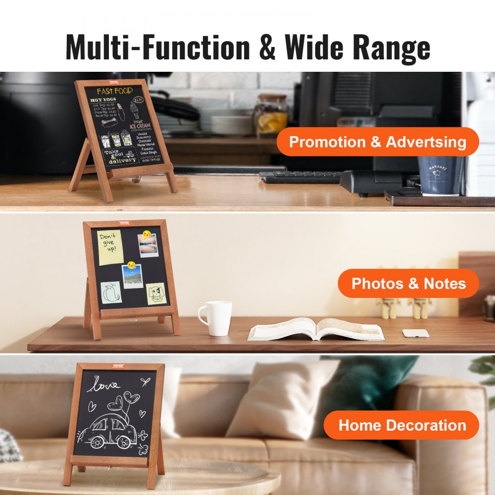 Tabletop Chalkboard Sign, Message Signs with Chalks, Freestanding Framed Memo Board, Vintage Wooden Magnetic Chalk Board, Rustic Brown Chalk Boards, 10"x14", For Kitchen, Home Decor, and Wedding