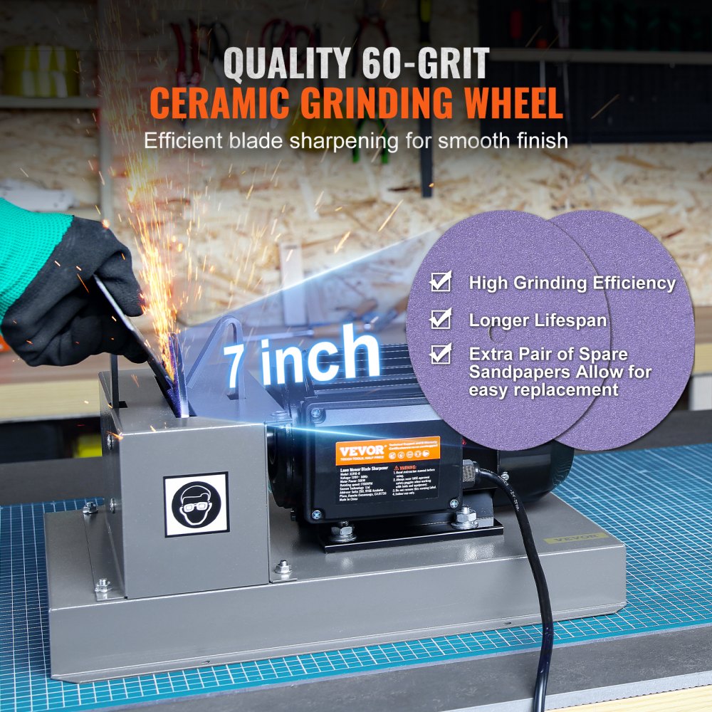 Bostome lawn mower blade sharpener with 7-inch ceramic grinding wheel and steel base.