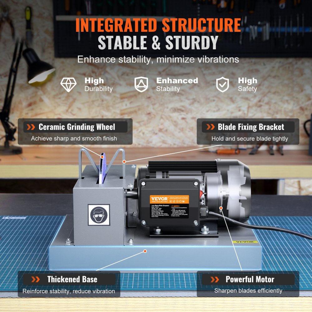 Lawn mower blade sharpener with 7-inch ceramic wheel, stable steel base, and blade bracket on workbench.