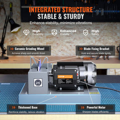 Lawn mower blade sharpener with 7-inch ceramic wheel, stable steel base, and blade bracket on workbench.