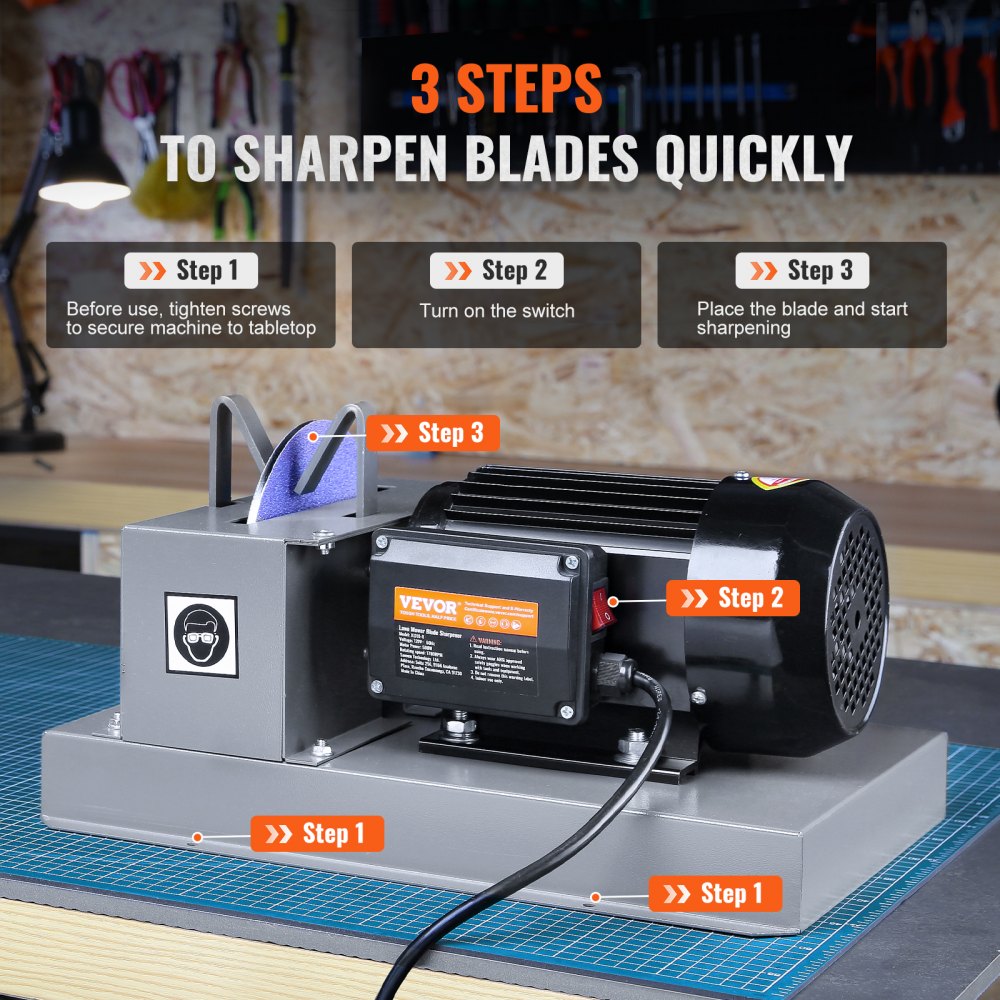 Bostome 500W lawn mower blade sharpener with 7-inch ceramic wheel and 3-step instructions.