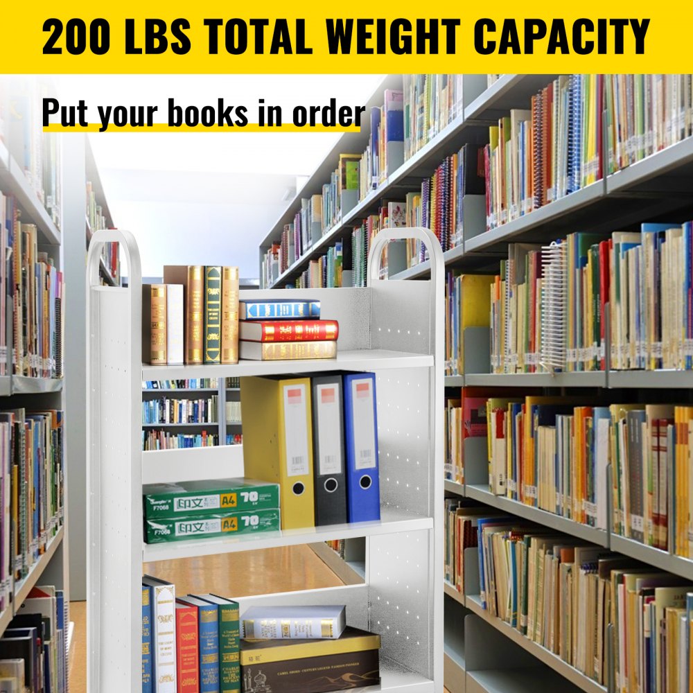 Book Cart, 200lbs Library Cart, 30x14x49 Inch Rolling Book Cart Single Sided L-Shaped Flat Shelves with 4 Inch Lockable Wheels, for Home Shelves Office and School Book Truck in White