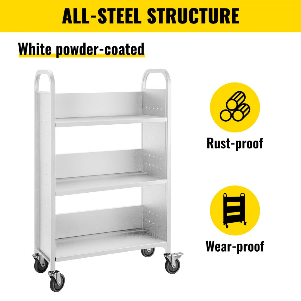 Book Cart, 200lbs Library Cart, 30x14x49 Inch Rolling Book Cart Single Sided L-Shaped Flat Shelves with 4 Inch Lockable Wheels, for Home Shelves Office and School Book Truck in White