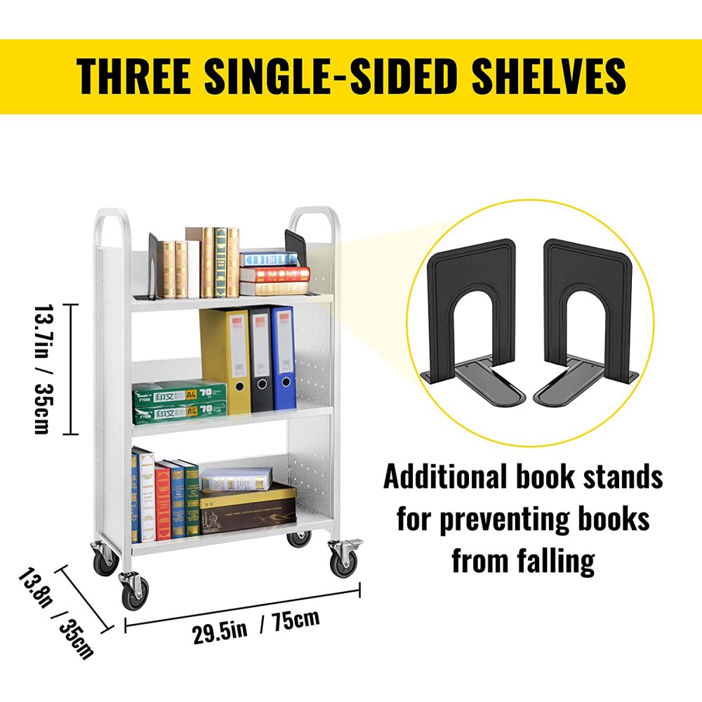 Book Cart, 200lbs Library Cart, 30x14x49 Inch Rolling Book Cart Single Sided L-Shaped Flat Shelves with 4 Inch Lockable Wheels, for Home Shelves Office and School Book Truck in White