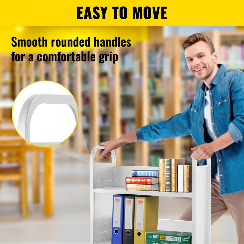 Book Cart, 200lbs Library Cart, 30x14x49 Inch Rolling Book Cart Single Sided L-Shaped Flat Shelves with 4 Inch Lockable Wheels, for Home Shelves Office and School Book Truck in White