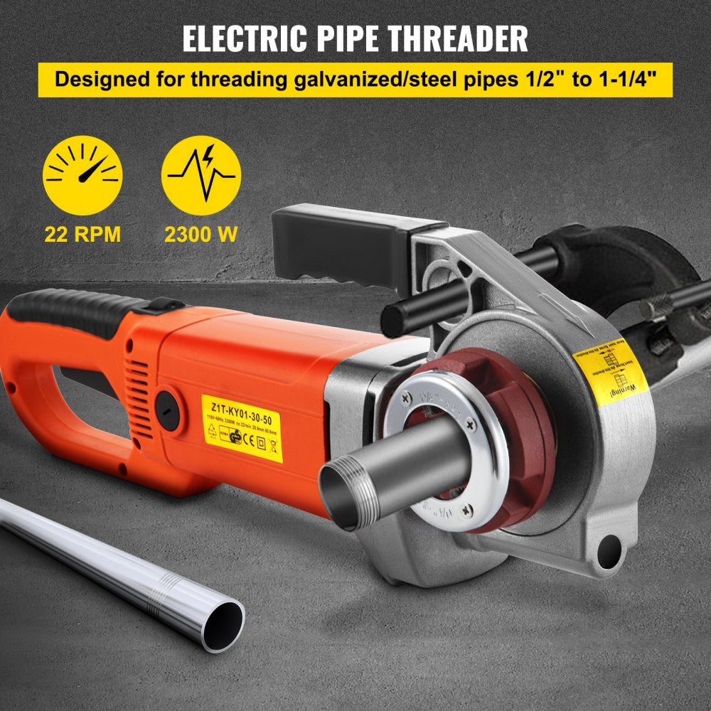 Orange 2300W electric pipe threader for 1/2" to 1 1/4" pipes, with case and 22 RPM speed.