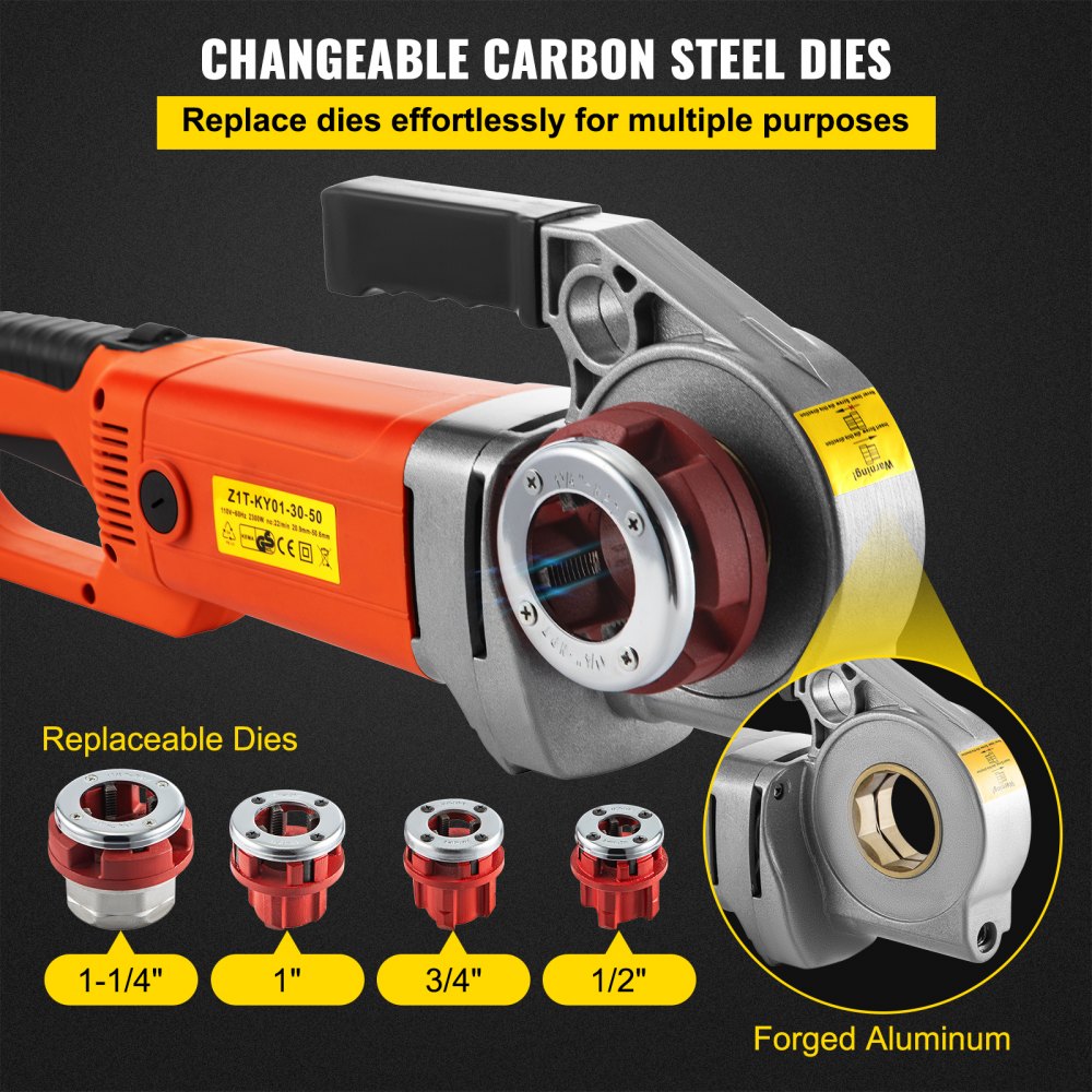 Orange 2300W electric pipe threader with replaceable carbon steel dies for 1/2" to 1 1/4" pipes and carrying case.