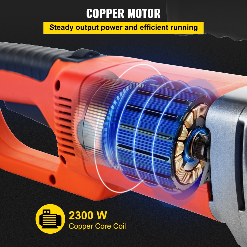 Orange 2300W electric pipe threader with copper motor and carrying case.