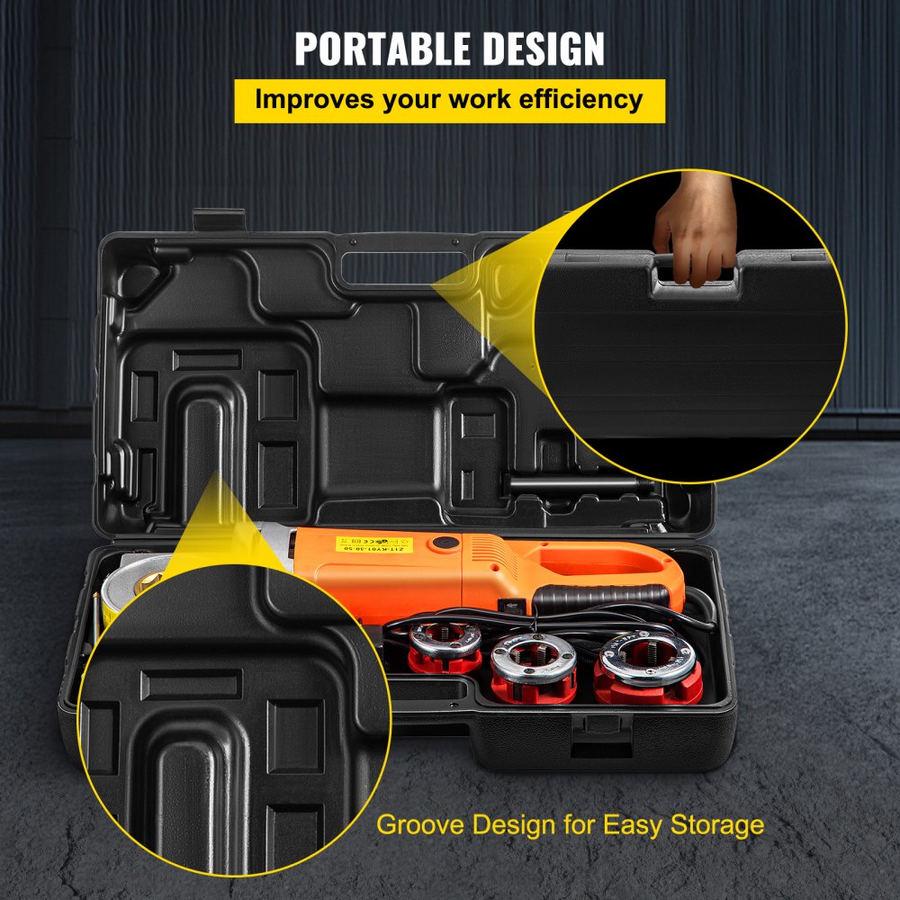 Orange 2300W electric pipe threader with black case and dies for 1/2" to 1 1/4" pipes.
