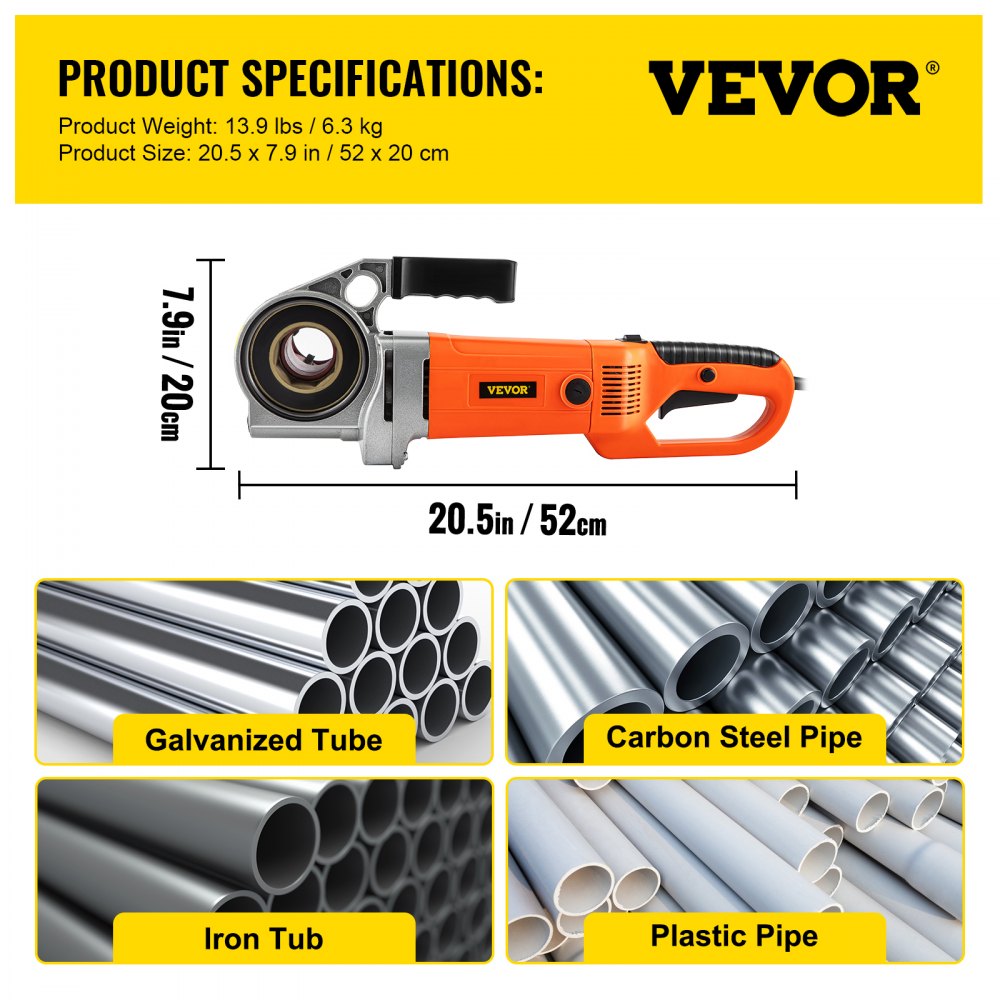 Orange 2300W electric pipe threader for 1/2"-1 1/4" pipes with case, shown threading galvanized and carbon steel pipes.