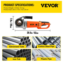 Orange 2300W electric pipe threader for 1/2"-1 1/4" pipes with case, shown threading galvanized and carbon steel pipes.