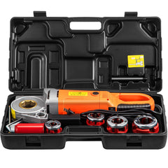 Orange 2300W electric pipe threader with dies for 1/2"-1 1/4" pipes in black case.