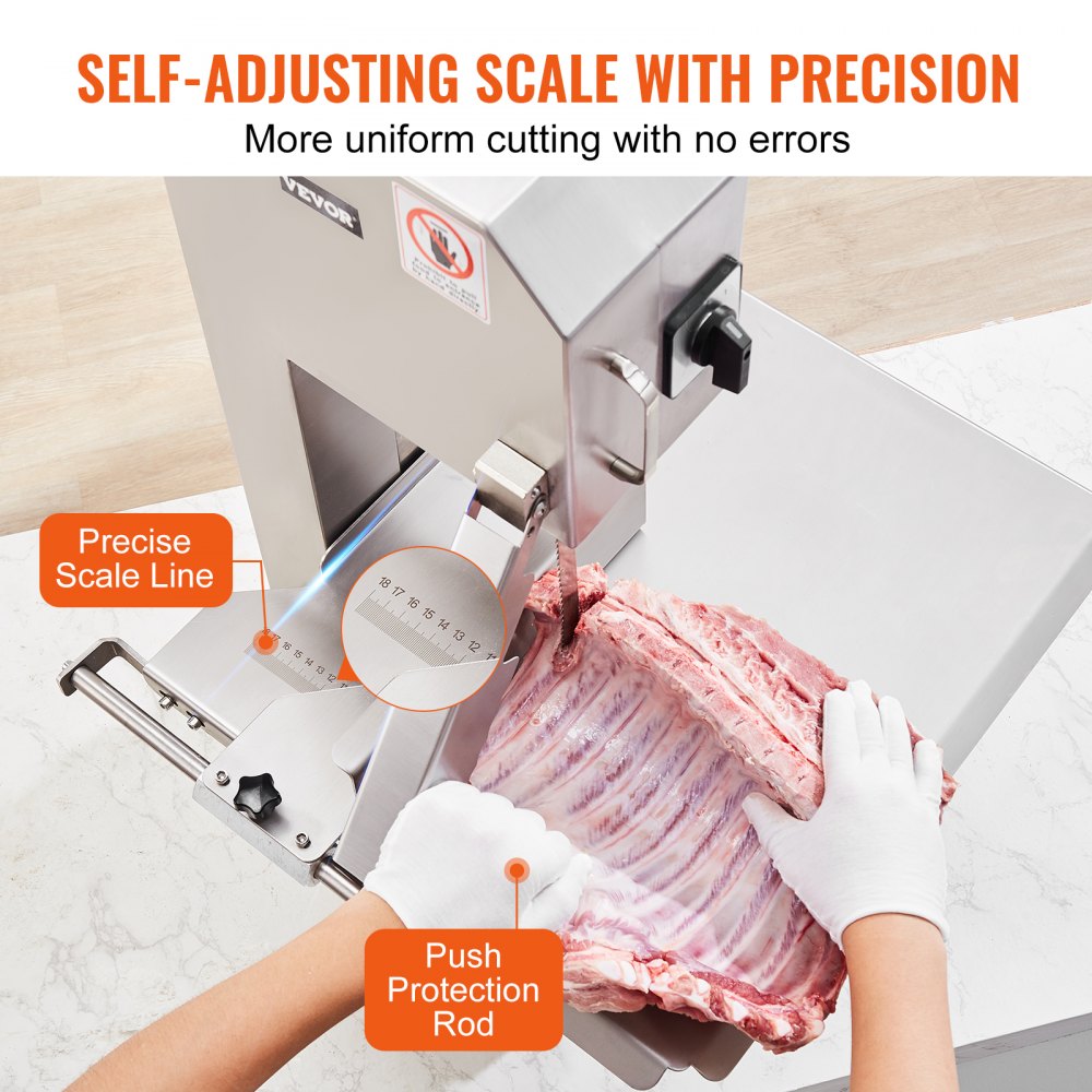Commercial Electric Meat Bandsaw, 2200W Stainless Steel Countertop Bone Sawing Machine, Workbeach 18.5" x 20.9", 0-7.1 Inch Cutting Thickness, Frozen Meat Cutter with 6 Blades for Rib Pork Beef