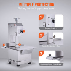 Commercial Electric Meat Bandsaw, 2200W Stainless Steel Countertop Bone Sawing Machine, Workbeach 18.5" x 20.9", 0-7.1 Inch Cutting Thickness, Frozen Meat Cutter with 6 Blades for Rib Pork Beef