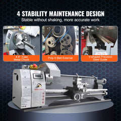 Metal lathe machine with a 750W brushless motor and durable cast iron construction.