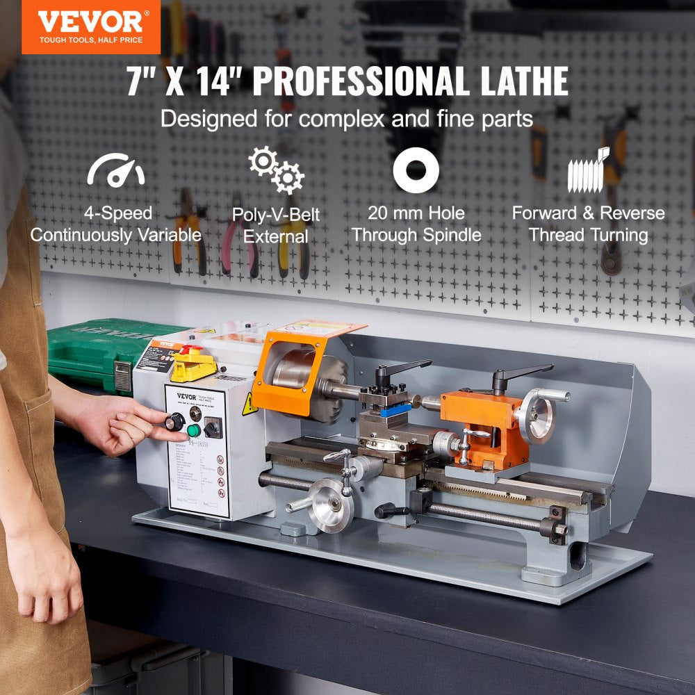 Bostome 7" x 14" metal lathe with digital controls and MT2 tailstock for precise machining.