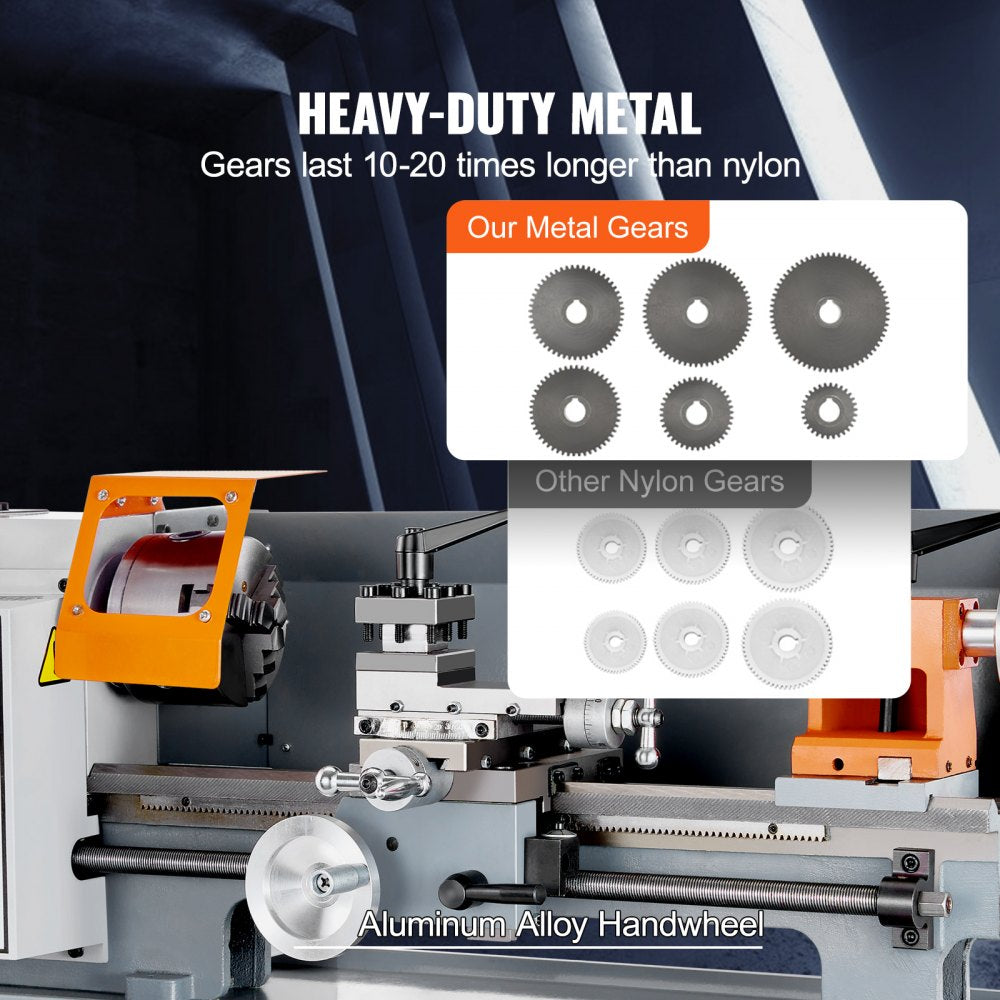 Bostome 7" x 14" metal lathe with adjustable speed, precision dial, and safety features.