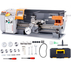 Bostome 8x14 inch precision benchtop metal lathe with variable speed 50-2500 RPM and accessory kit.
