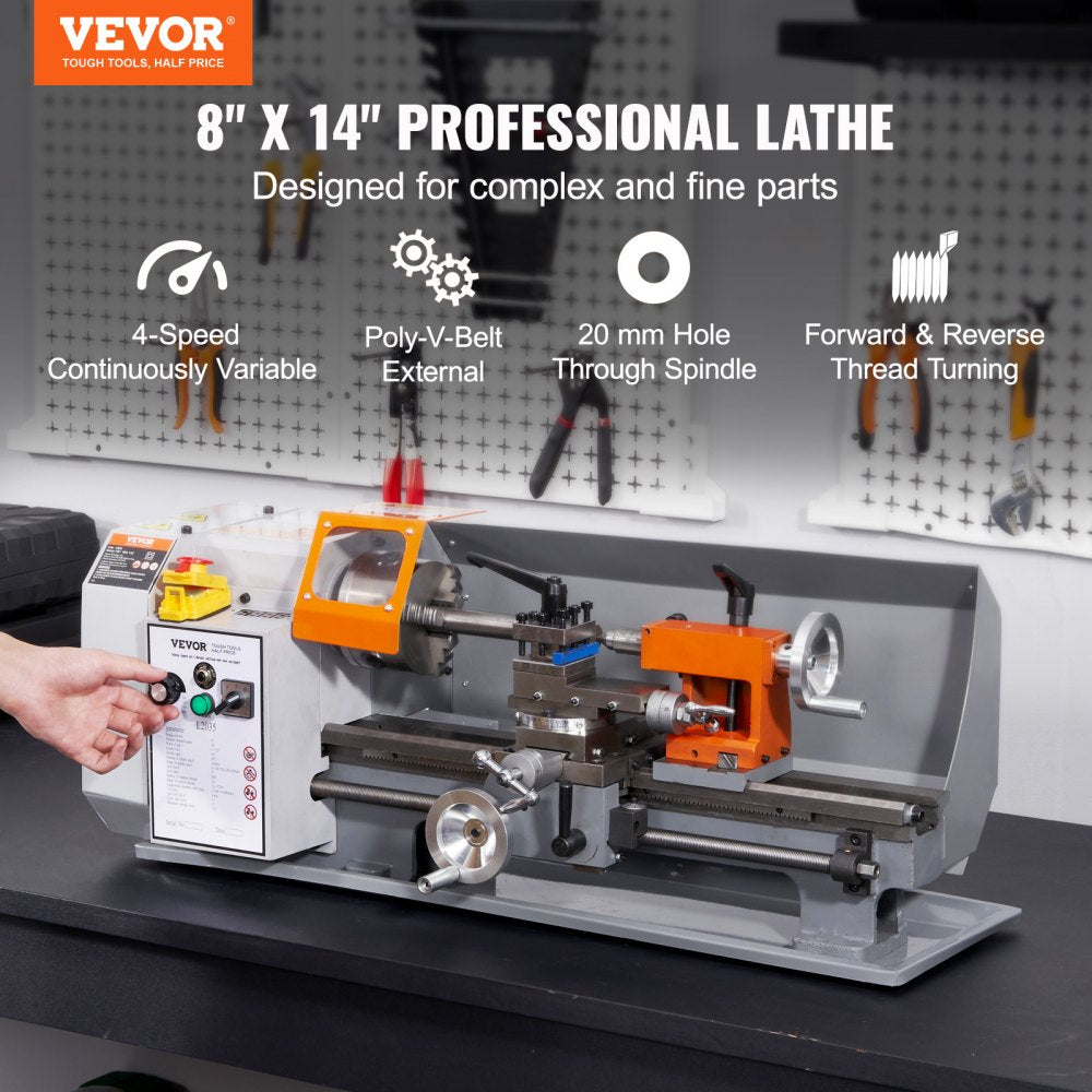 Bostome 8x14 inch precision benchtop metal lathe with variable speed and orange accents.