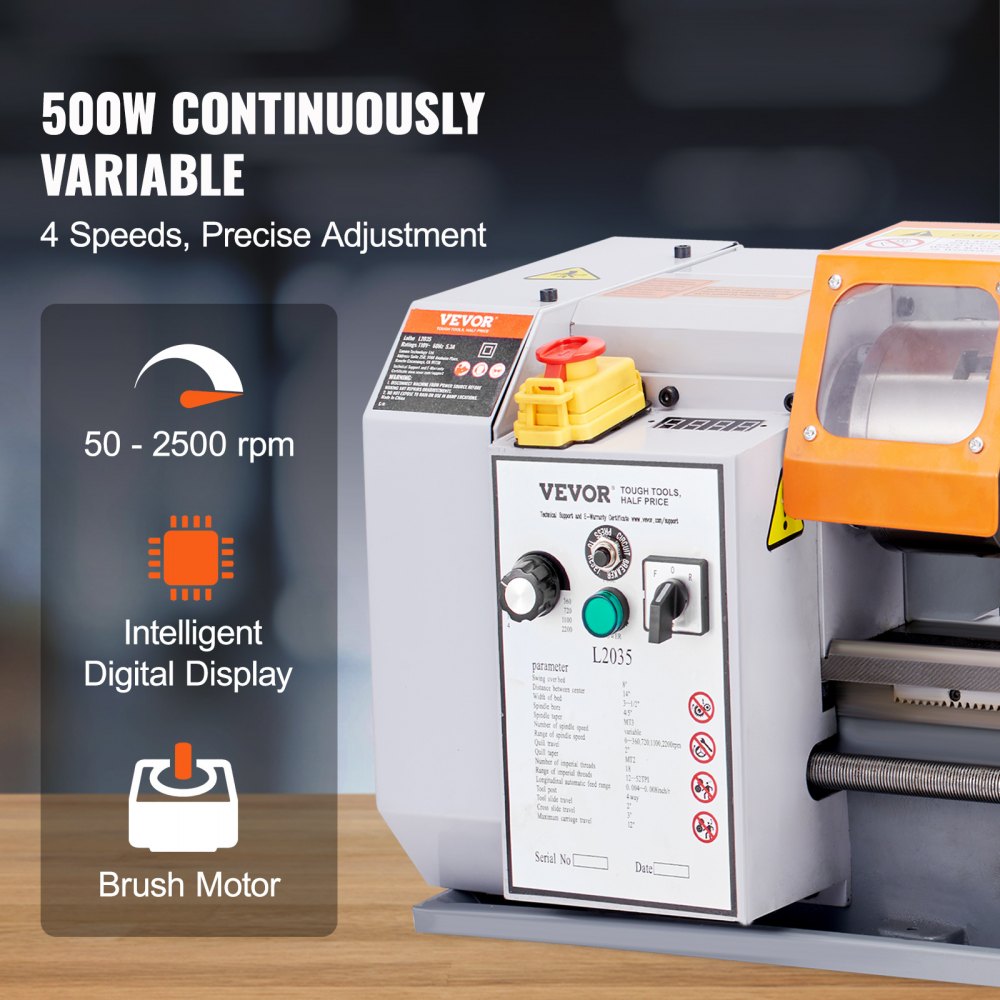 Bostome 8x14 inch precision benchtop metal lathe with 50-2500 RPM variable speed, digital display, and brush motor.