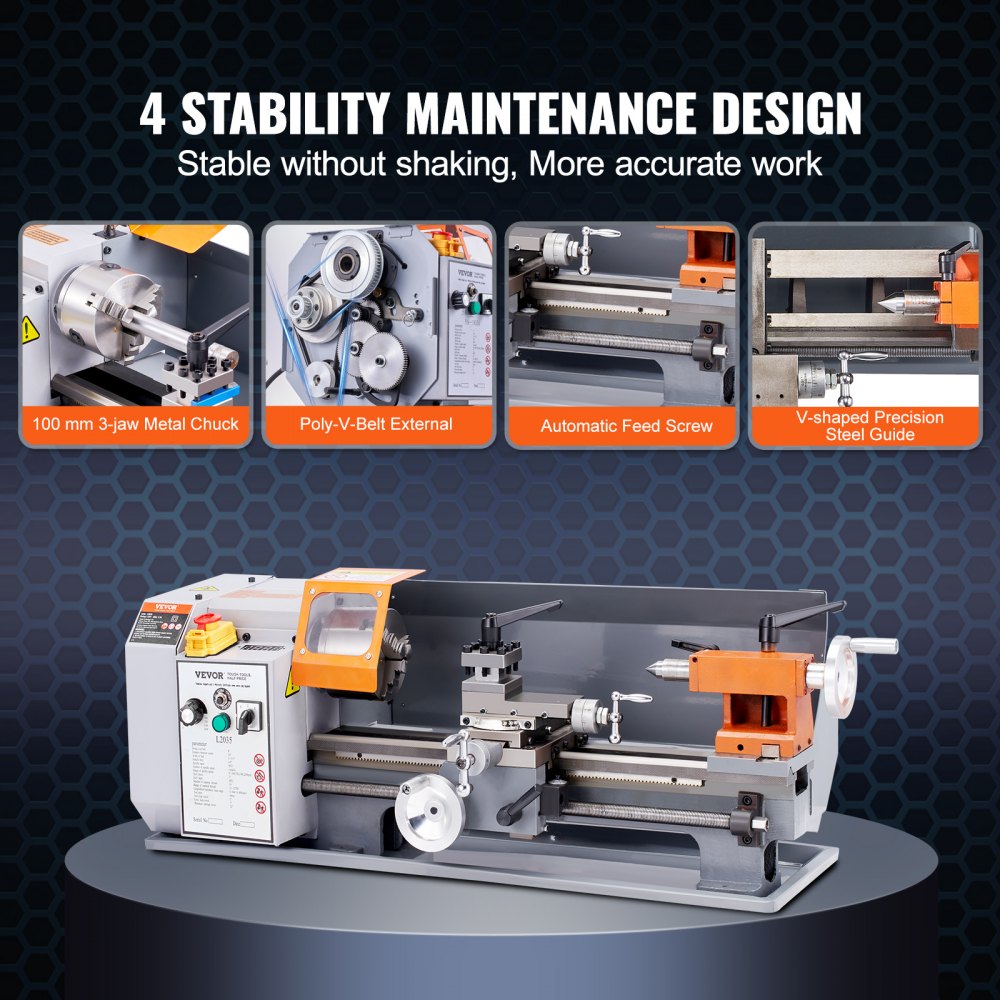 Bostome 8x14 inch precision benchtop metal lathe with variable speed 50-2500 RPM.