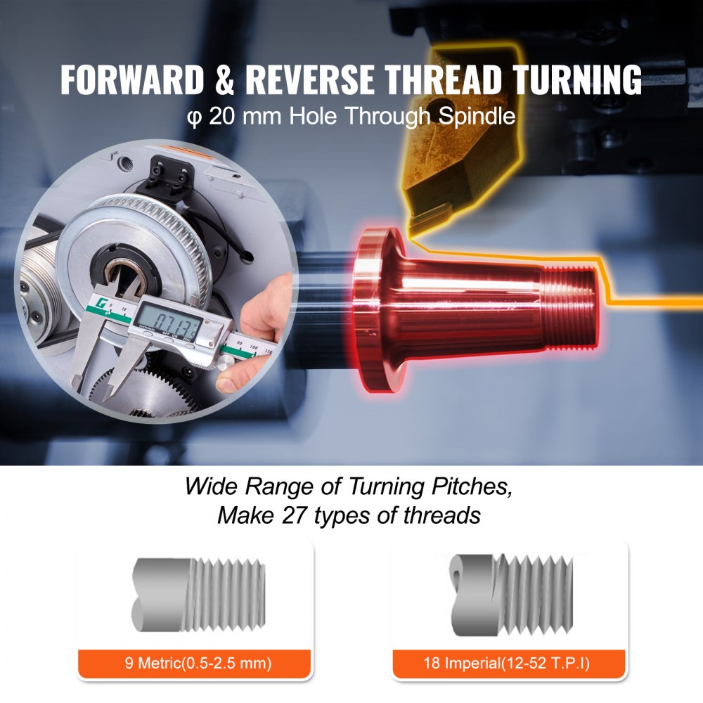 Benchtop metal lathe with 20mm spindle hole, forward/reverse threading, and 27 thread pitches.