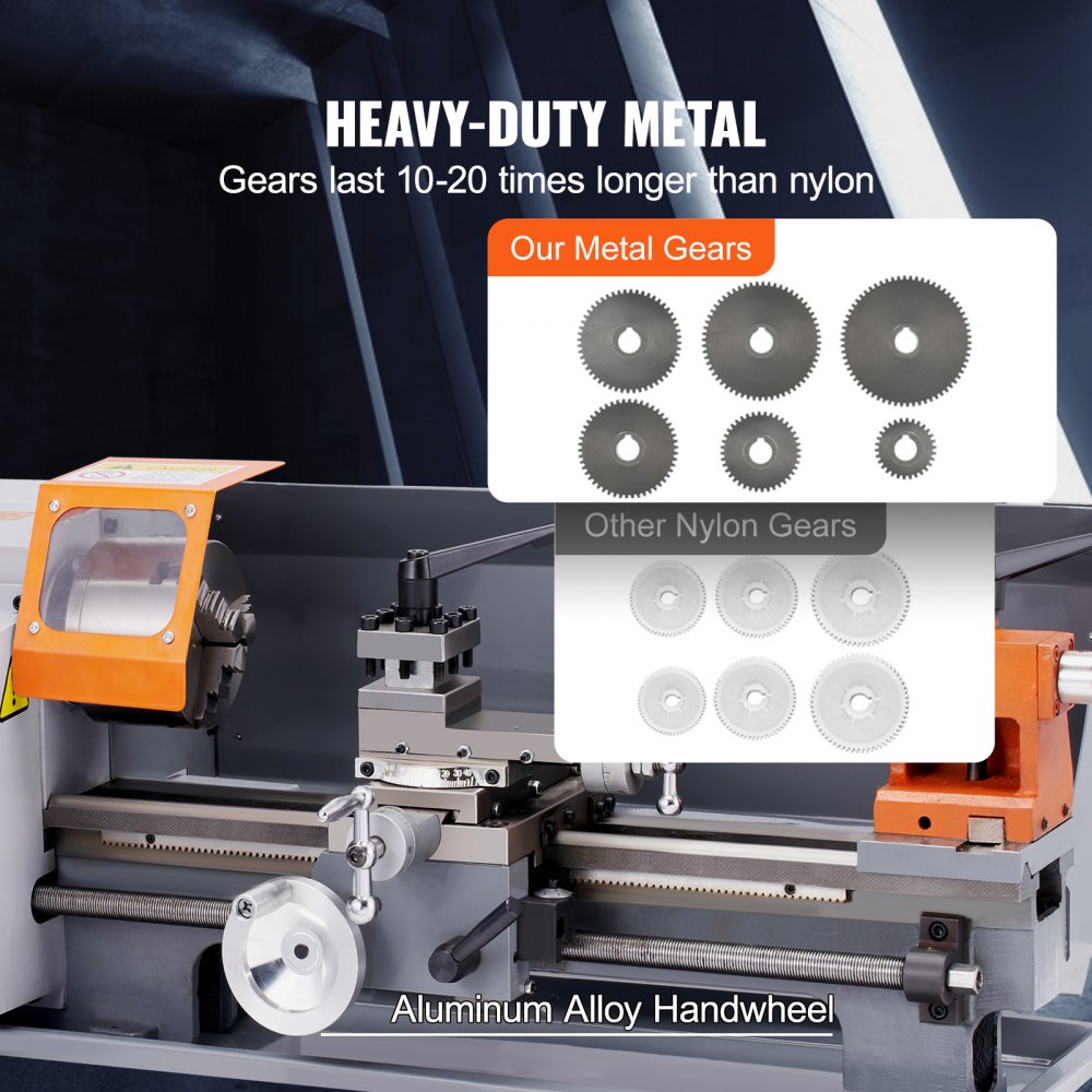 Bostome 8x14 inch benchtop metal lathe with heavy-duty metal gears and aluminum alloy handwheel.