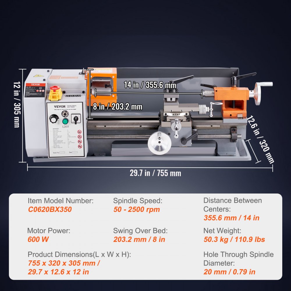 Bostome 8x14 inch precision benchtop metal lathe with 50-2500 RPM variable speed.