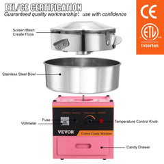 Electric Cotton Candy Machine, 1000W Candy Floss Maker, Commercial Cotton Candy Machine with Stainless Steel Bowl, Sugar Scoop, and Drawer, Perfect for Home Kids Birthday, Family Party Pink