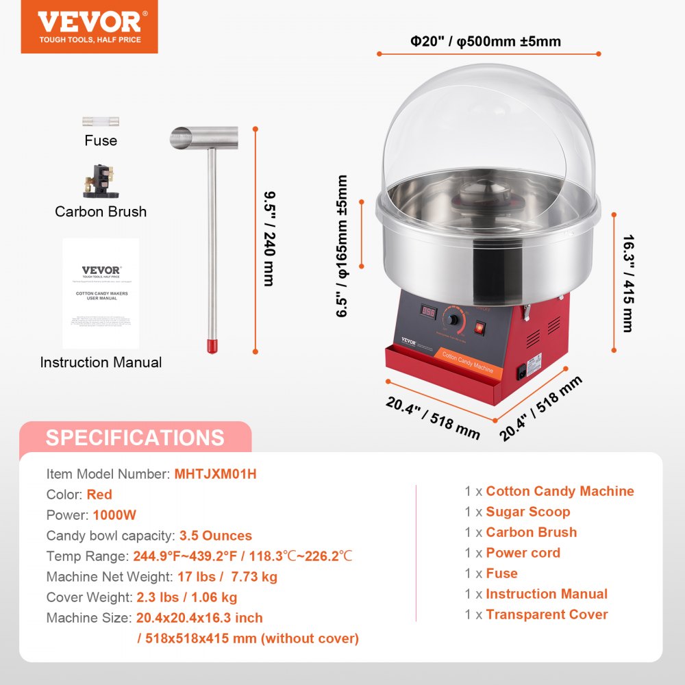 Electric Cotton Candy Machine, 1000W Candy Floss Maker, Commercial Cotton Candy Machine with Cover, Stainless Steel Bowl, and Sugar Scoop, Perfect for Home Kids Birthday, Family Party (Red)