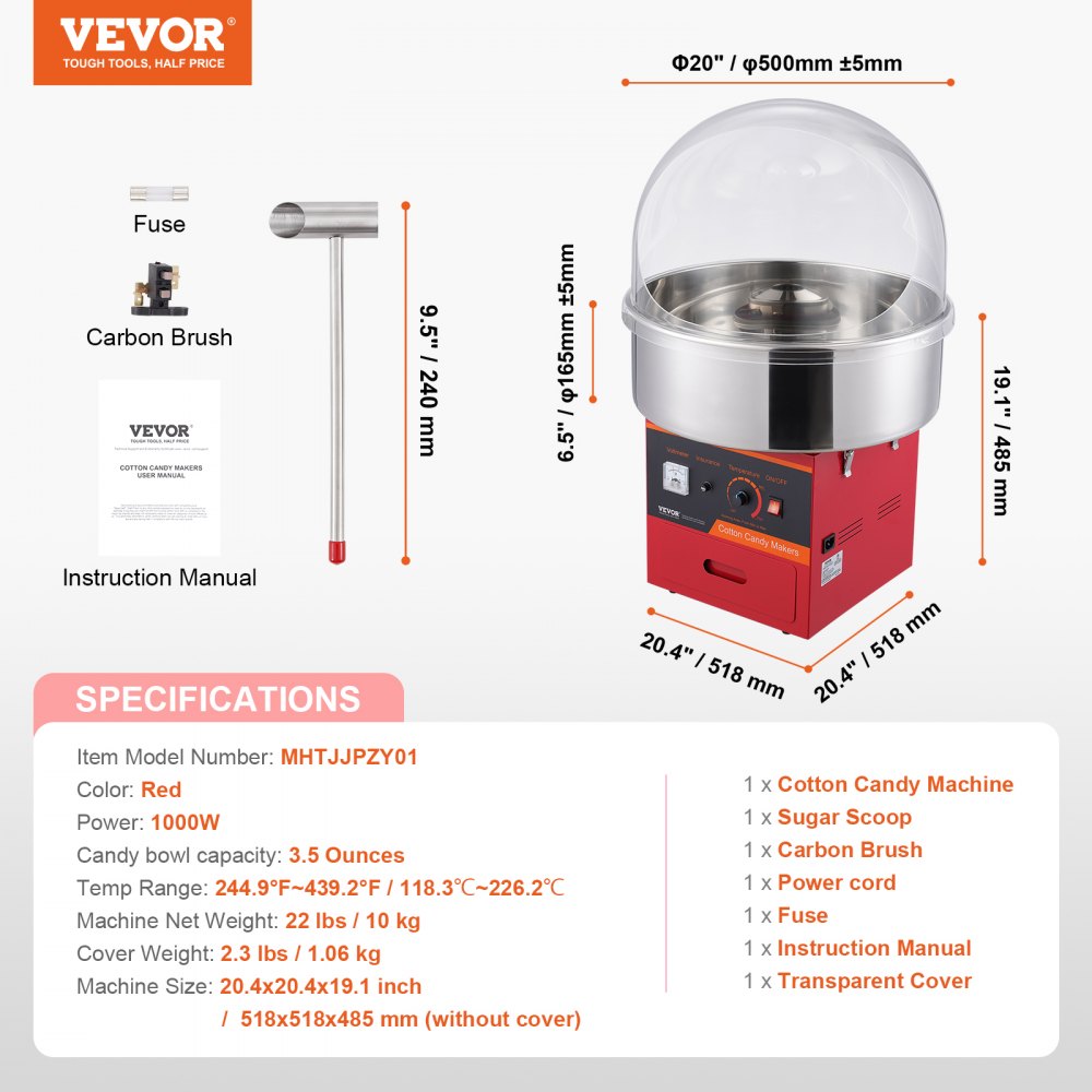 Electric Cotton Candy Machine, 1000W Candy Floss Maker, Commercial Cotton Candy Machine with Cover, Stainless Steel Bowl, Sugar Scoop, Drawer, Perfect for Home Kids Birthday, Family Party, Red