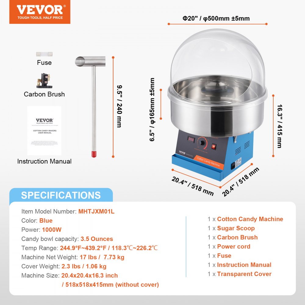Electric Cotton Candy Machine, 1000W Candy Floss Maker, Commercial Cotton Candy Machine with Cover, Stainless Steel Bowl, and Sugar Scoop, Perfect for Home Kids Birthday, Family Party (Blue)