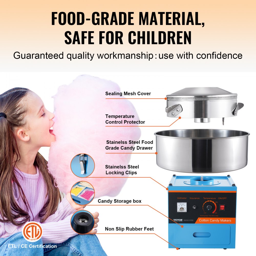 Electric Cotton Candy Machine, 1000W Candy Floss Maker, Commercial Cotton Candy Machine with Stainless Steel Bowl, Sugar Scoop, and Drawer, Perfect for Home Kids Birthday, Family Party, Blue