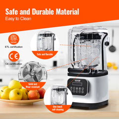 Professional Blender with Shield, Commercial Countertop Blenders, 68 oz Jar Blender Combo, Stainless Steel 9 Speed & 5 Functions Blender, for Shakes, Smoothies, Peree, and Crush Ice, White