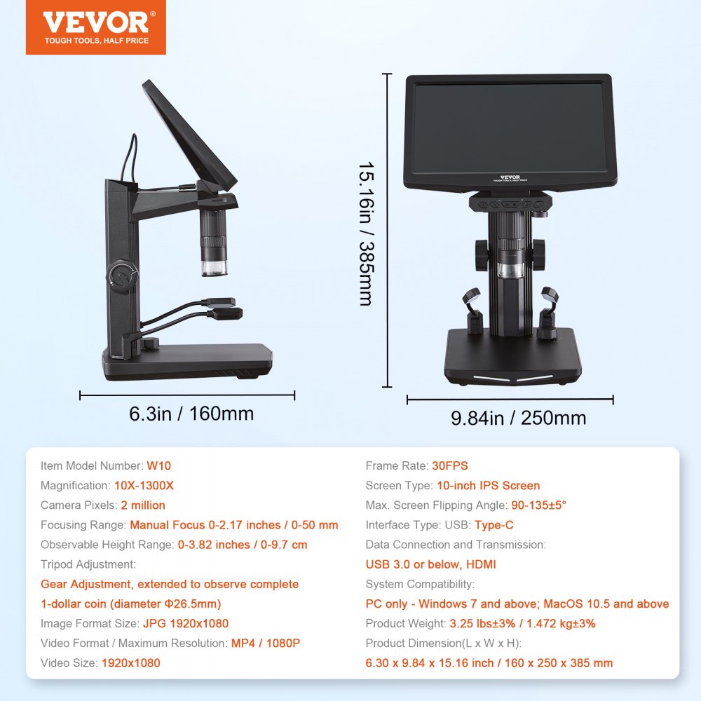10.1" HDMI LCD Digital Microscope for Adults, Soldering Electron Microscope 1300X with IPS Screen, 8 LED Lights, 2 Flexible Side Lights, PC View, USB Coin Microscope for Windows/MacOS/TV, 32GB