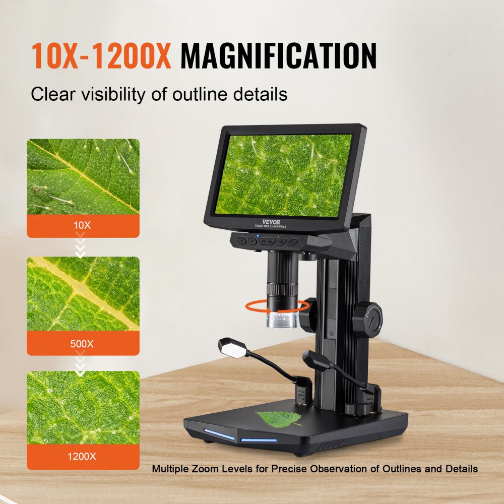 A 7-inch IPS LCD digital microscope with 10X-1200X magnification, stand, and adjustable lighting.