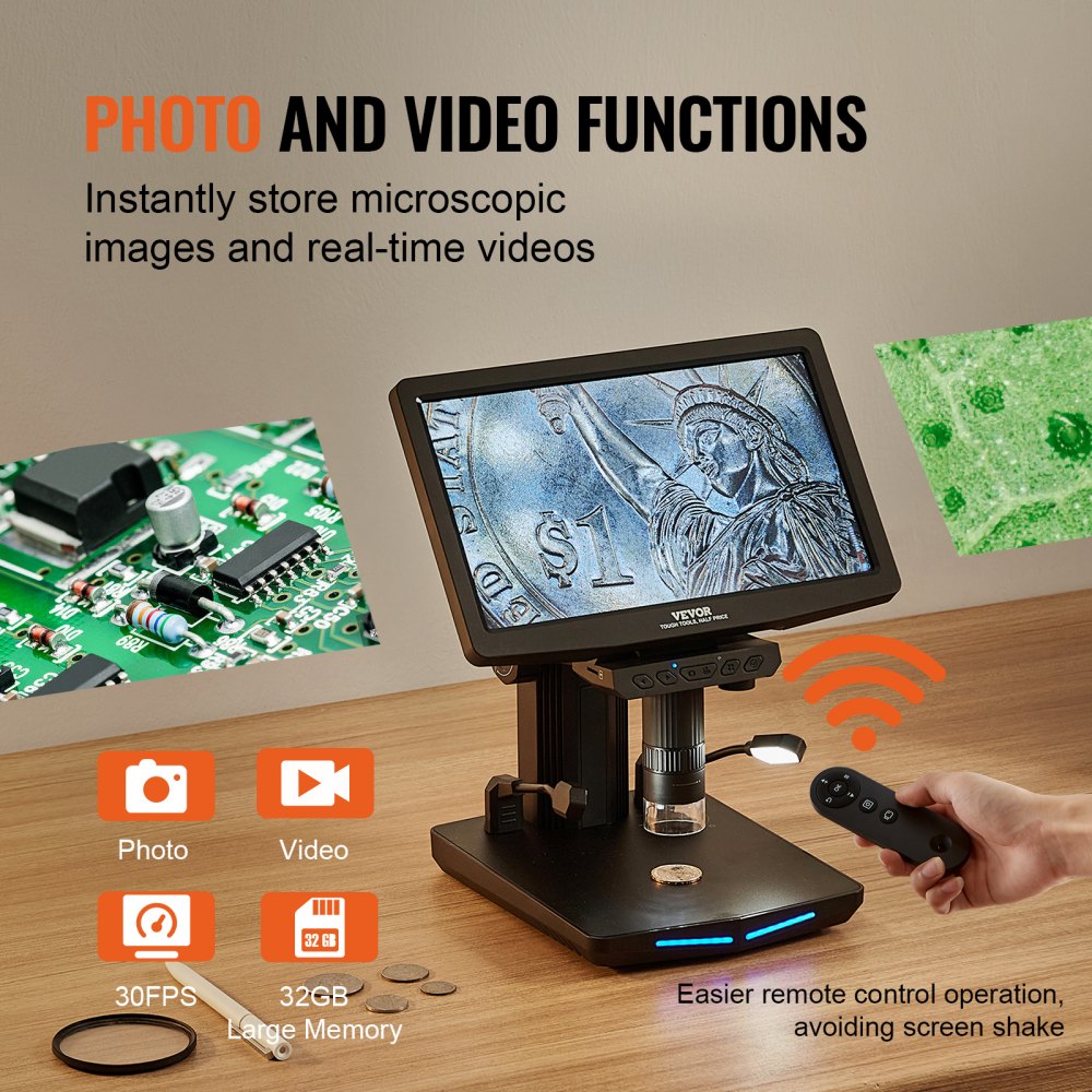 7-inch IPS LCD digital microscope with 10X-1200X magnification displaying magnified coin, circuit board, and plant images on screen, plus remote control.
