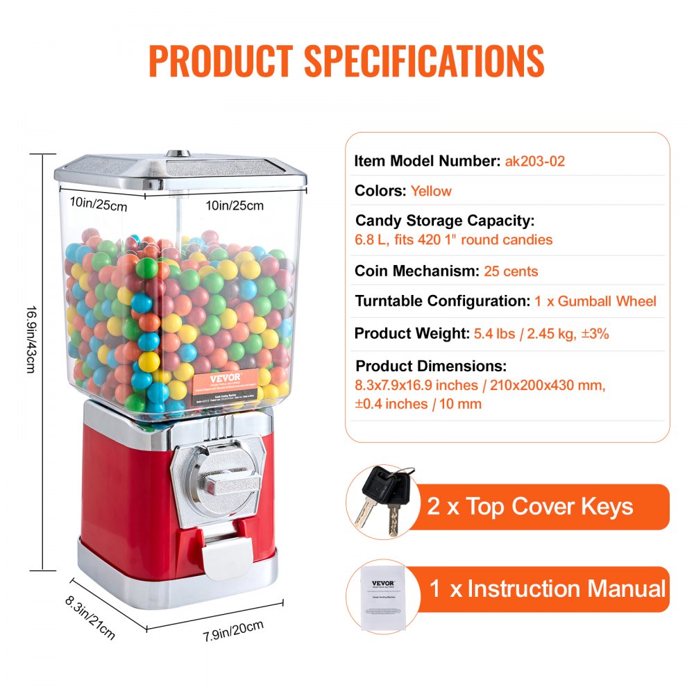 17"H Gumball Machine Vending Coin Bank Vintage Candy Dispenser PC Red