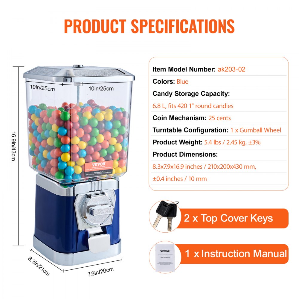 17"H Gumball Machine Vending Coin Bank Vintage Candy Dispenser PC Bule