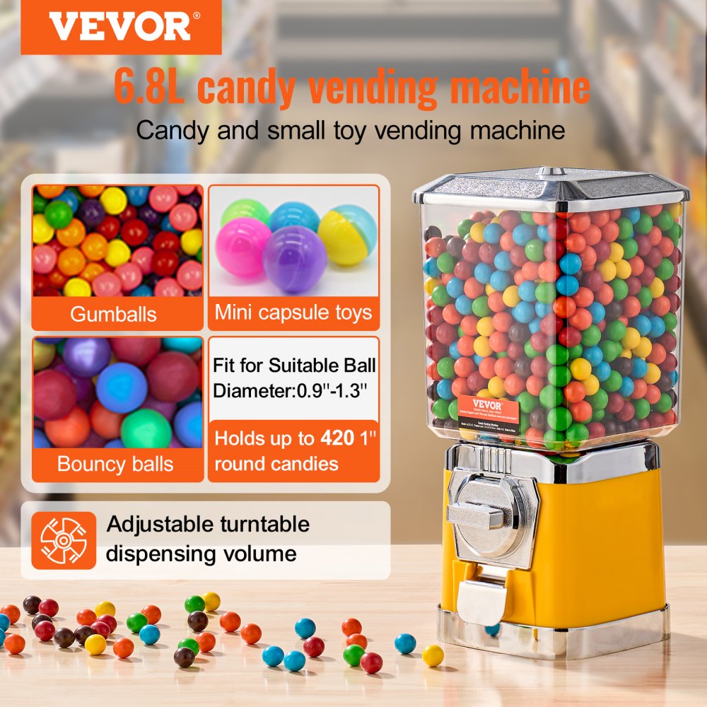 17"H Gumball Machine Vending Coin Bank Vintage Candy Dispenser PC Yellow