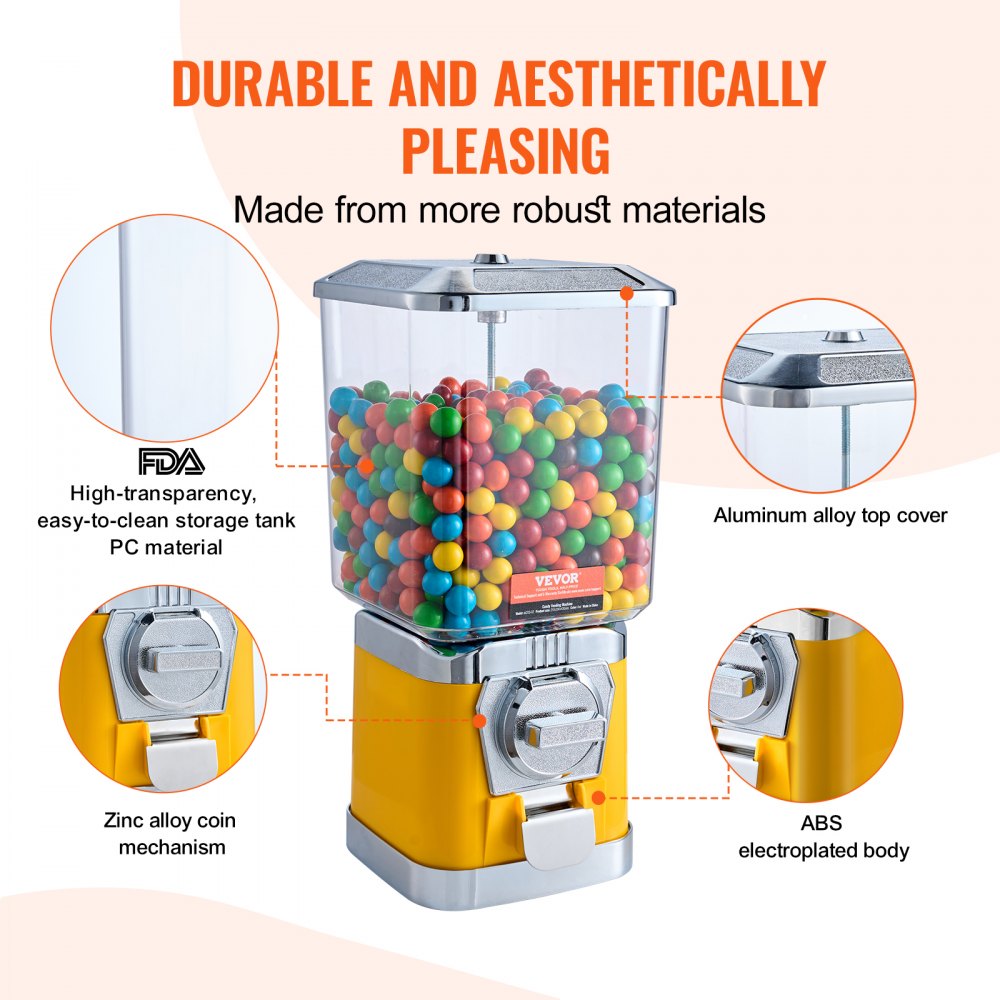 17"H Gumball Machine Vending Coin Bank Vintage Candy Dispenser PC Yellow