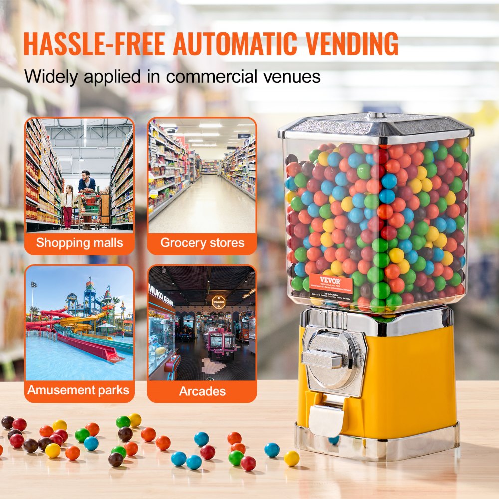 17"H Gumball Machine Vending Coin Bank Vintage Candy Dispenser PC Yellow