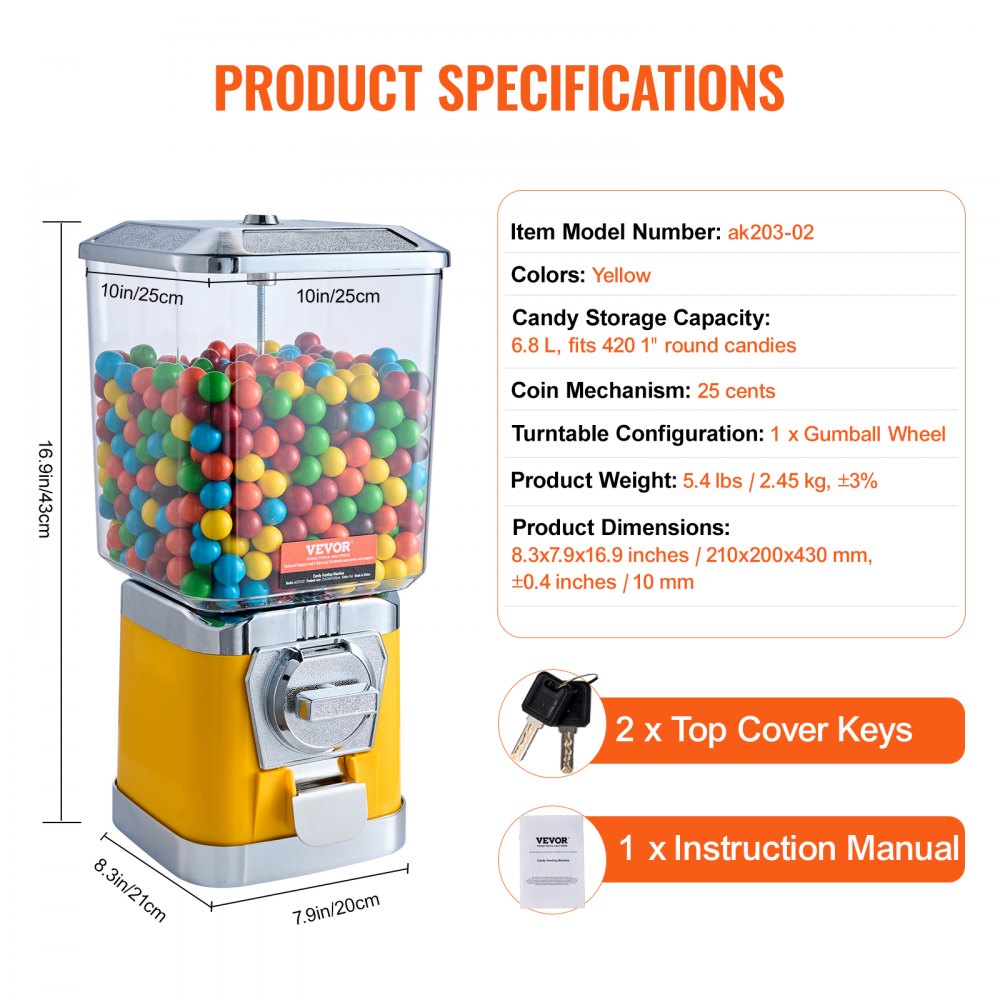 17"H Gumball Machine Vending Coin Bank Vintage Candy Dispenser PC Yellow